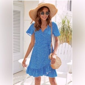 NWOT NAGGOO Amazon Women's Wrap Dress V-Neck Blue Polka Dot Sz Large